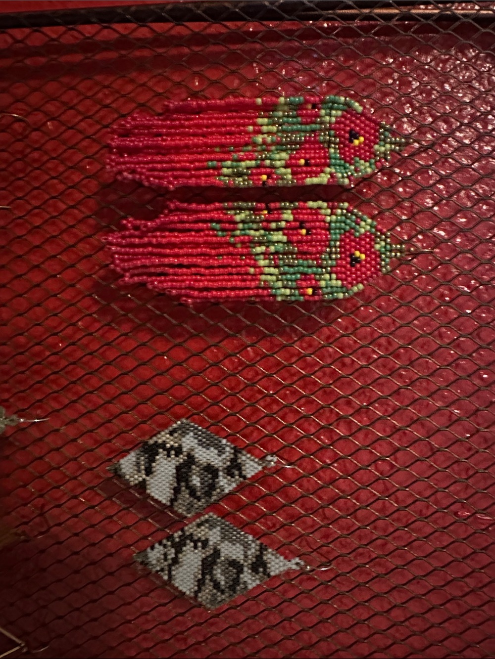 Beaded Fringe Drop Earrings - Red Floral